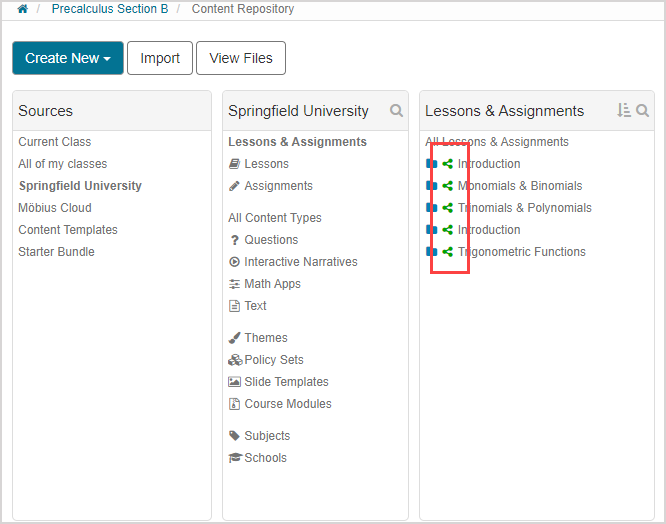 University selected under Sources pane, then under Lessons and Assignments pane each item has the shared icon next to its name.